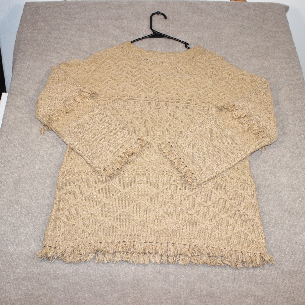 Cozy Casual Tan Cable Knit Fringe Trim Sweater Womens SM Boho Pullover